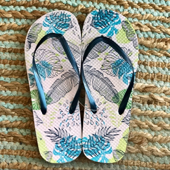Beach FLIP FLOPS Blue Yellow Pineapples + Hawaiian Palm Tree Leaves Sz 7/8 - Picture 3 of 5